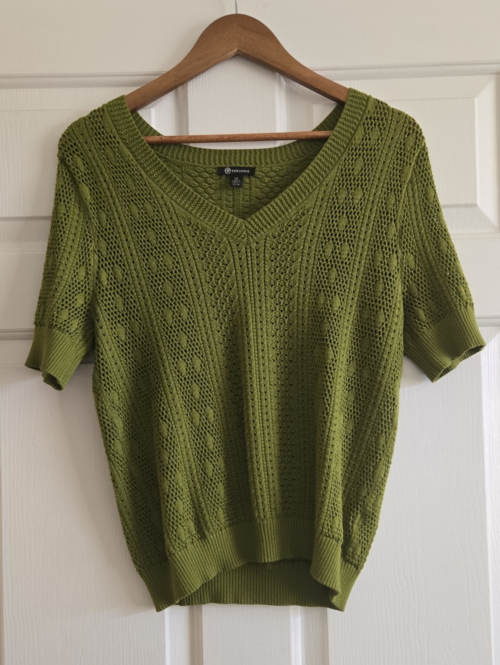 Versona Olive Green Open-Knit V-Neck Short Sleeve Sweater